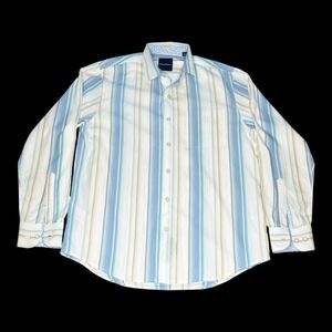 Tommy Bahama Shirt Mens Medium Blue White Striped Long Sleeve Pima Cotton Casual